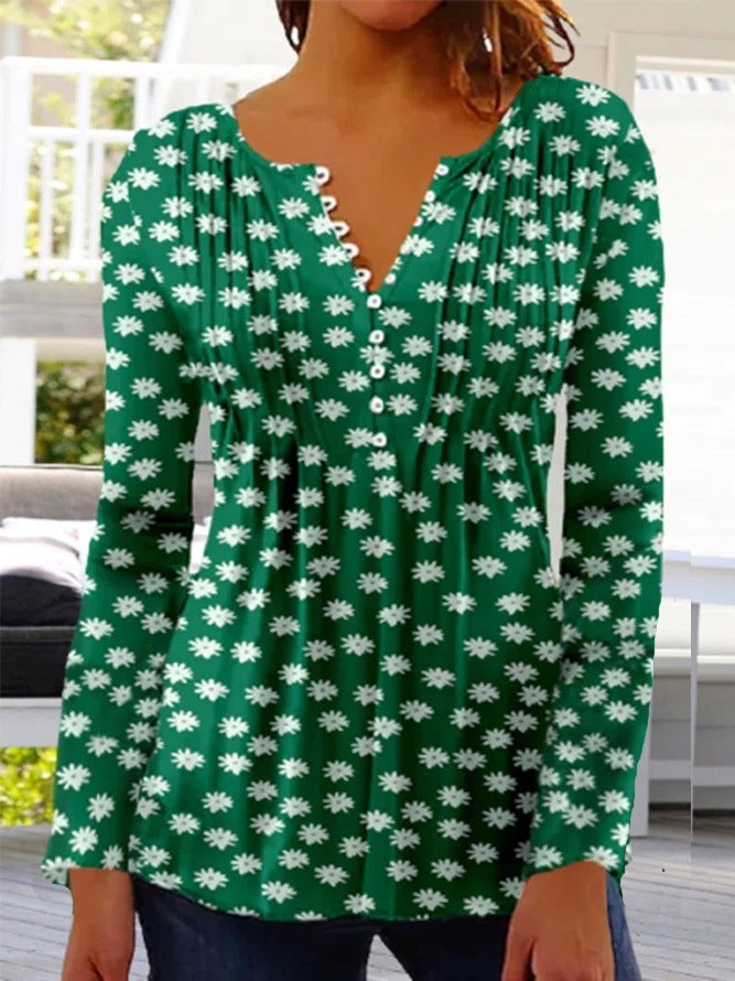 Fashionable New Women's Floral Print V-neck Three-quarters Sleeve Pleated Button T-shirt Base Shirt