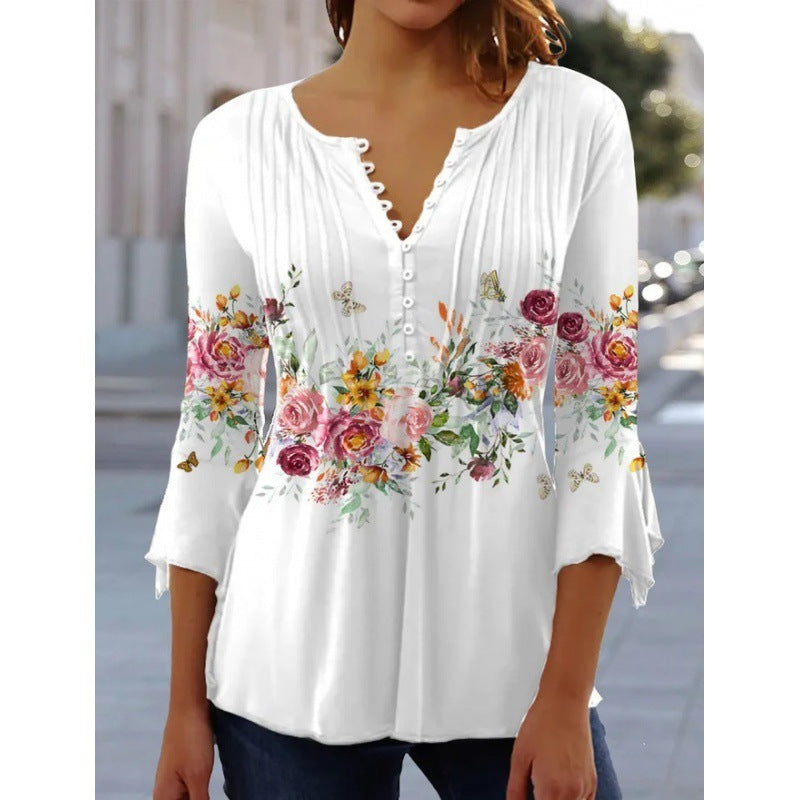 Fashionable New Women's Floral Print V-neck Three-quarters Sleeve Pleated Button T-shirt Base Shirt