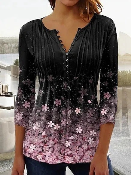 Fashionable New Women's Floral Print V-neck Three-quarters Sleeve Pleated Button T-shirt Base Shirt