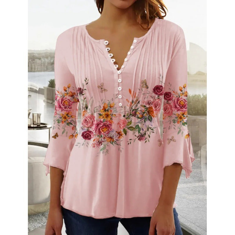 Fashionable New Women's Floral Print V-neck Three-quarters Sleeve Pleated Button T-shirt Base Shirt