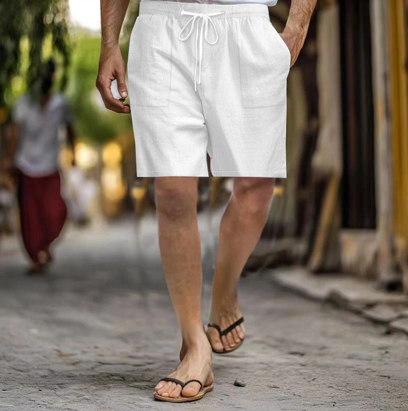 Men's Cotton Linen Multi-pocket Drawstring Leisure Beach Shorts by AuroreWear