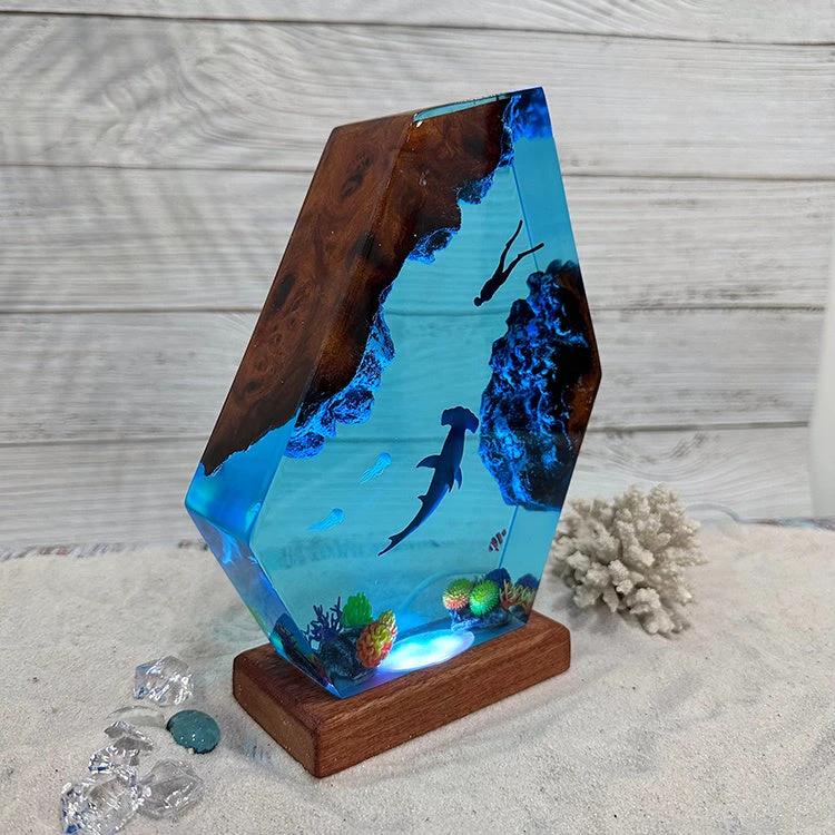 Hammerhead Shark Ocean Small Night Lamp USB Powered Solid Wood Epoxy Ornament Decoration by AuroreWear
