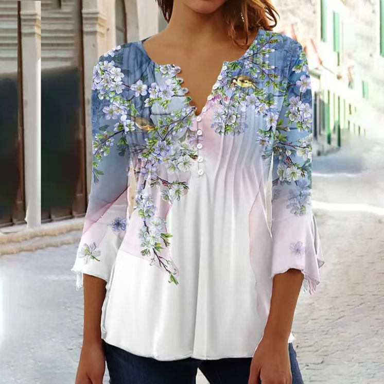 Fashionable New Women's Floral Print V-neck Three-quarters Sleeve Pleated Button T-shirt Base Shirt