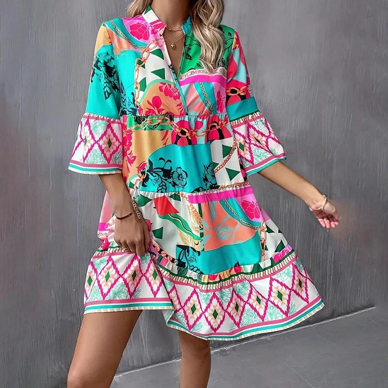 Womens Mini Dress Casual V-Neck Printed Flared Sleeve Pleated Short Beach Dresses by AuroreWear