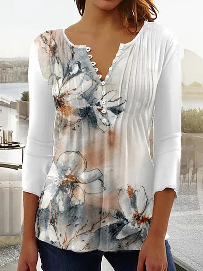 Fashionable New Women's Floral Print V-neck Three-quarters Sleeve Pleated Button T-shirt Base Shirt