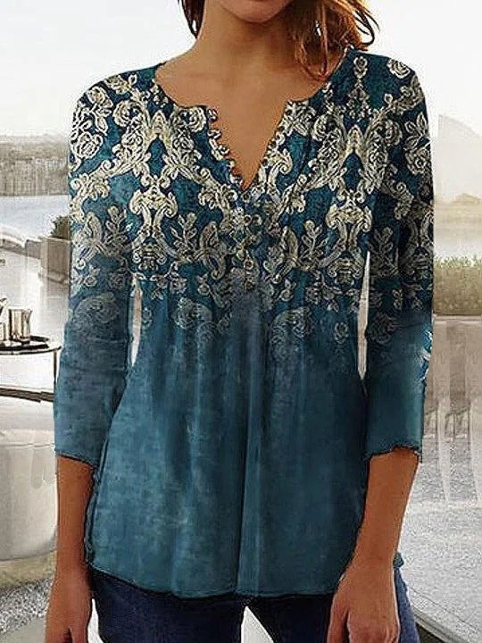 Fashionable New Women's Floral Print V-neck Three-quarters Sleeve Pleated Button T-shirt Base Shirt