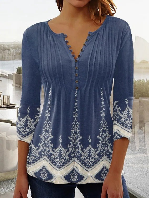 Fashionable New Women's Floral Print V-neck Three-quarters Sleeve Pleated Button T-shirt Base Shirt