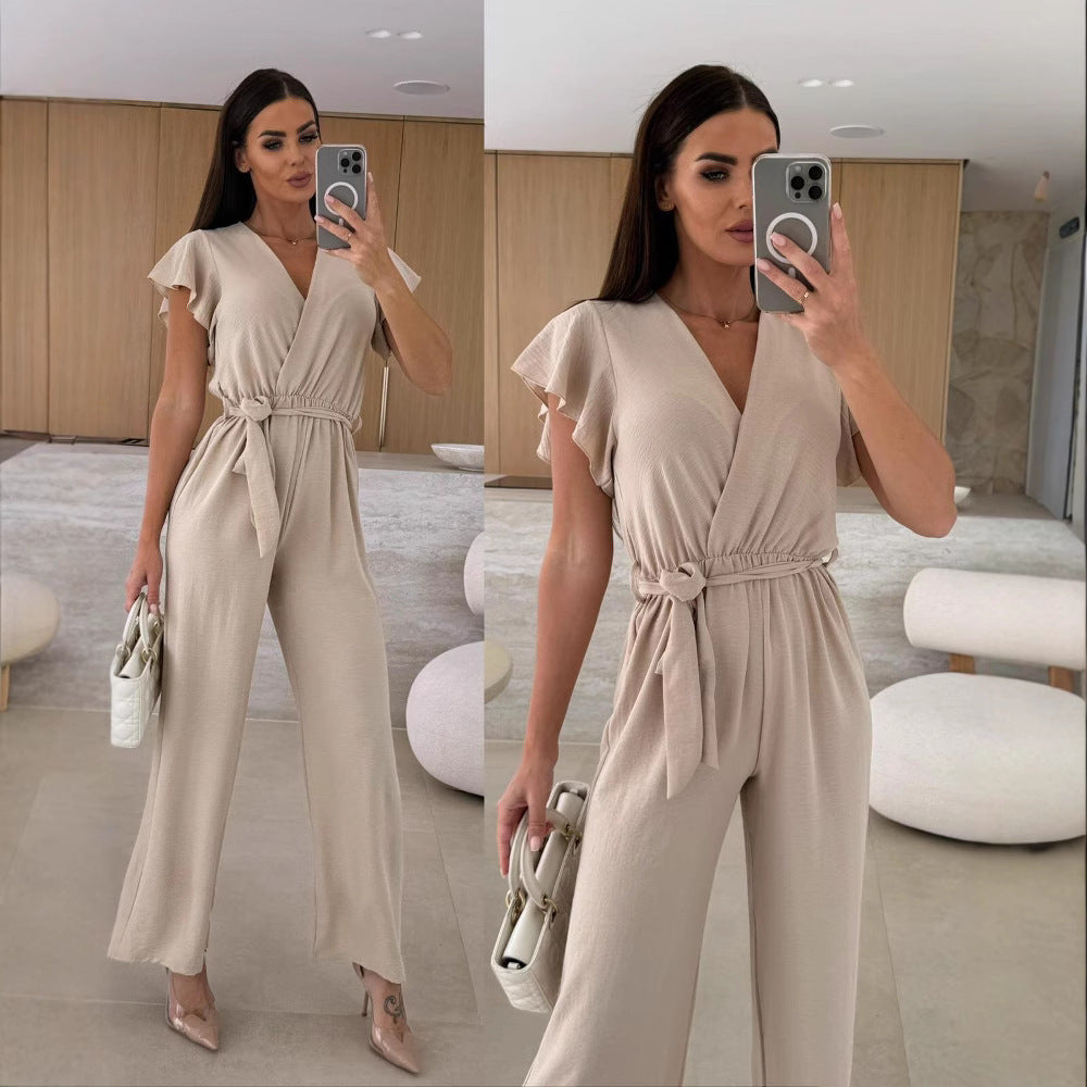 V-neck Lace-up Nipped Waist Trousers Jumpsuit