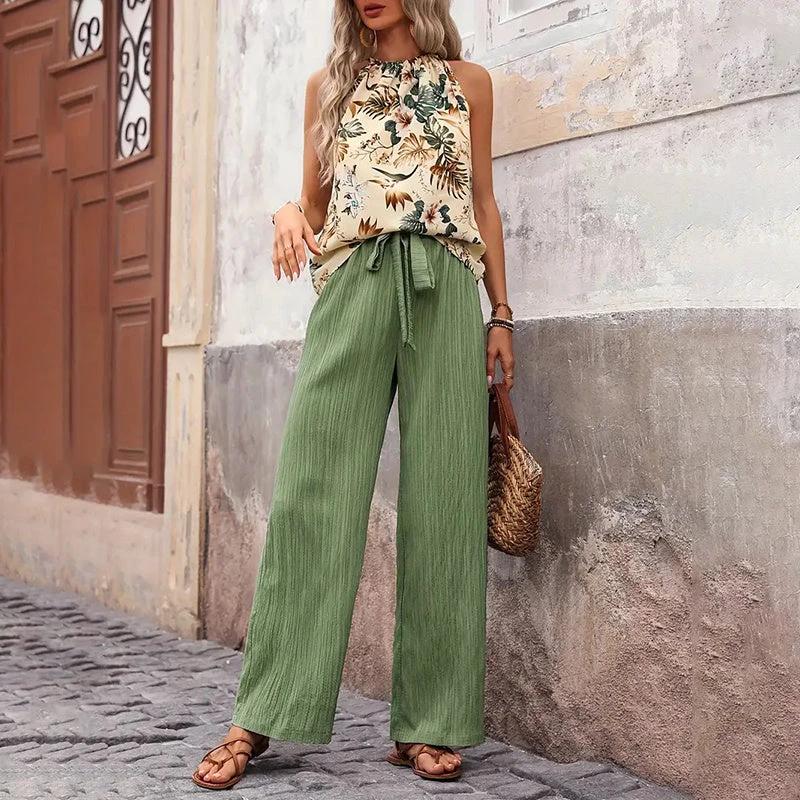 Women's 2 Piece Outfits Summer Casual Sleeveless Halter Neck Crop Tops Wide Leg Pants Set by AuroreWear
