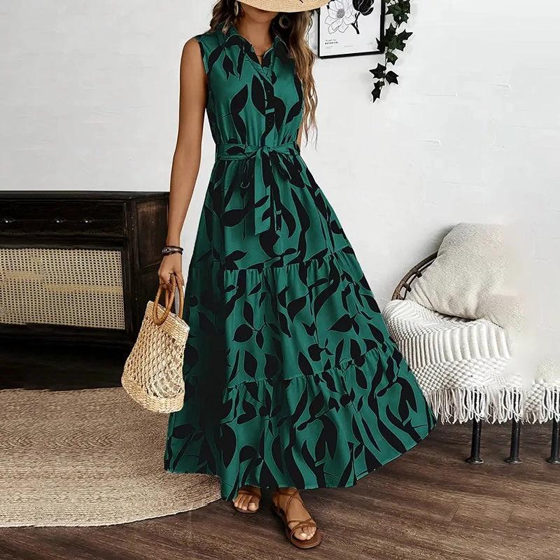 Women Sleeveless Boho Floral Maxi Dress Summer Button Shirt V Neck Flowy Belted Beach Vacation Dresses by AuroreWear
