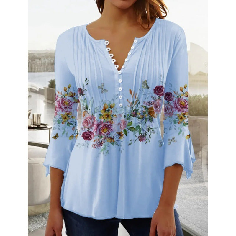 Fashionable New Women's Floral Print V-neck Three-quarters Sleeve Pleated Button T-shirt Base Shirt