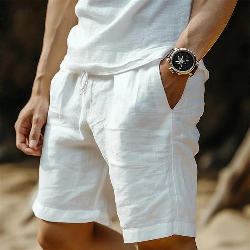 Men's Cotton And Linen Pocket Drawstring Elastic Waist Shorts by AuroreWear
