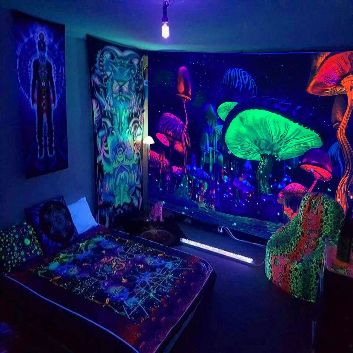 Mushroom Green Plants Fluorescent Tapestry Game Starry Sky Psychedelic by AuroreWear