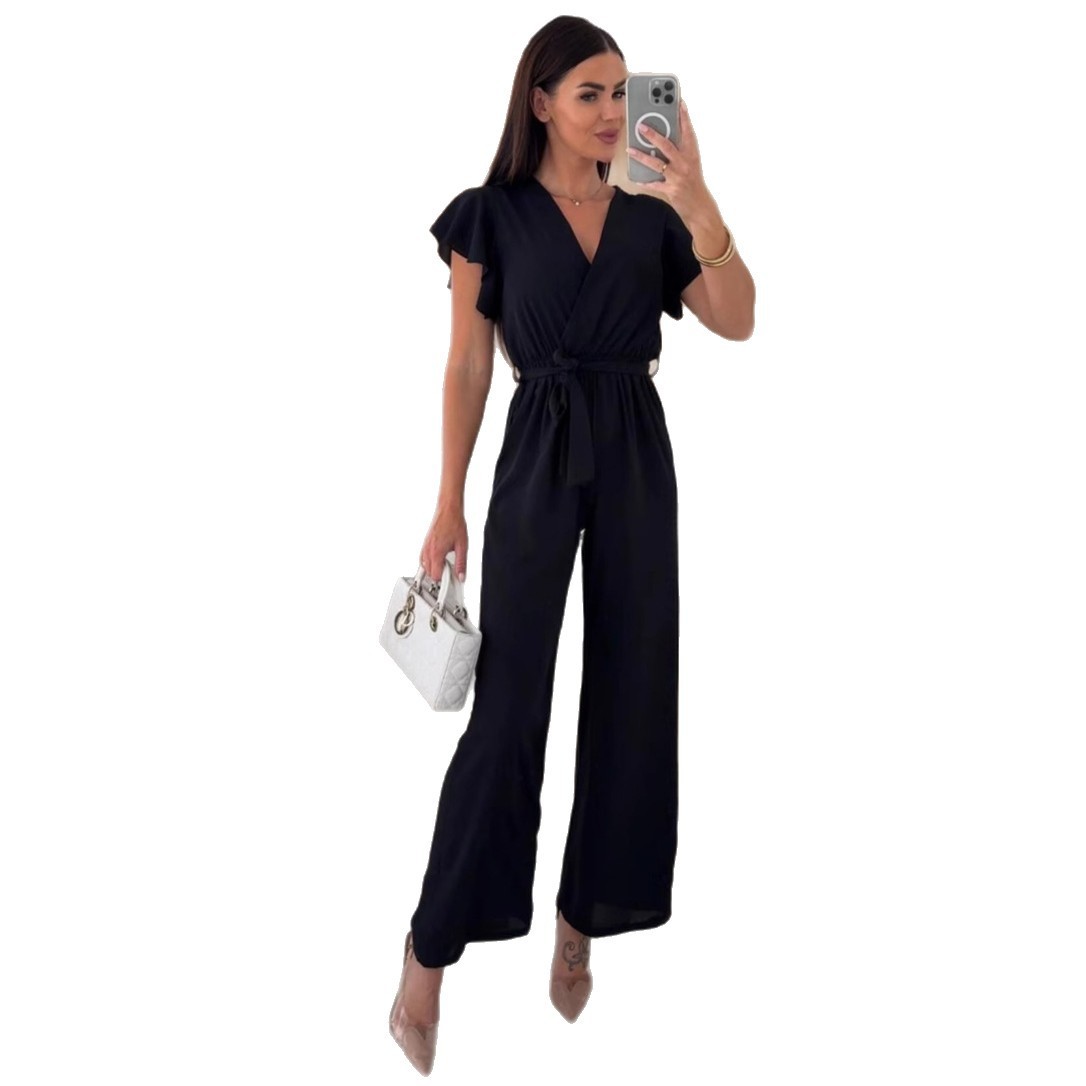 V-neck Lace-up Nipped Waist Trousers Jumpsuit