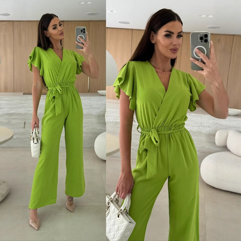 V-neck Lace-up Nipped Waist Trousers Jumpsuit