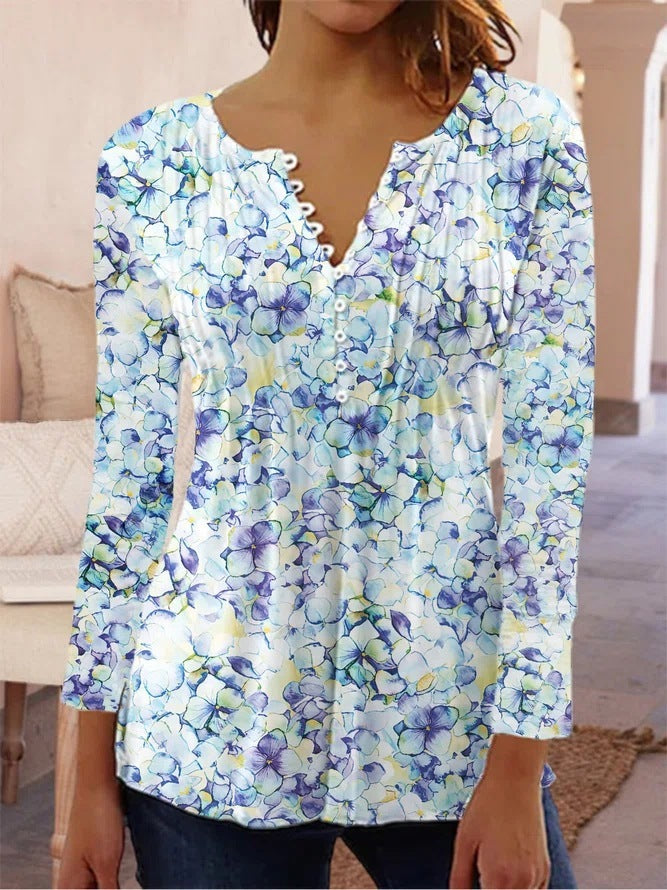 Fashionable New Women's Floral Print V-neck Three-quarters Sleeve Pleated Button T-shirt Base Shirt