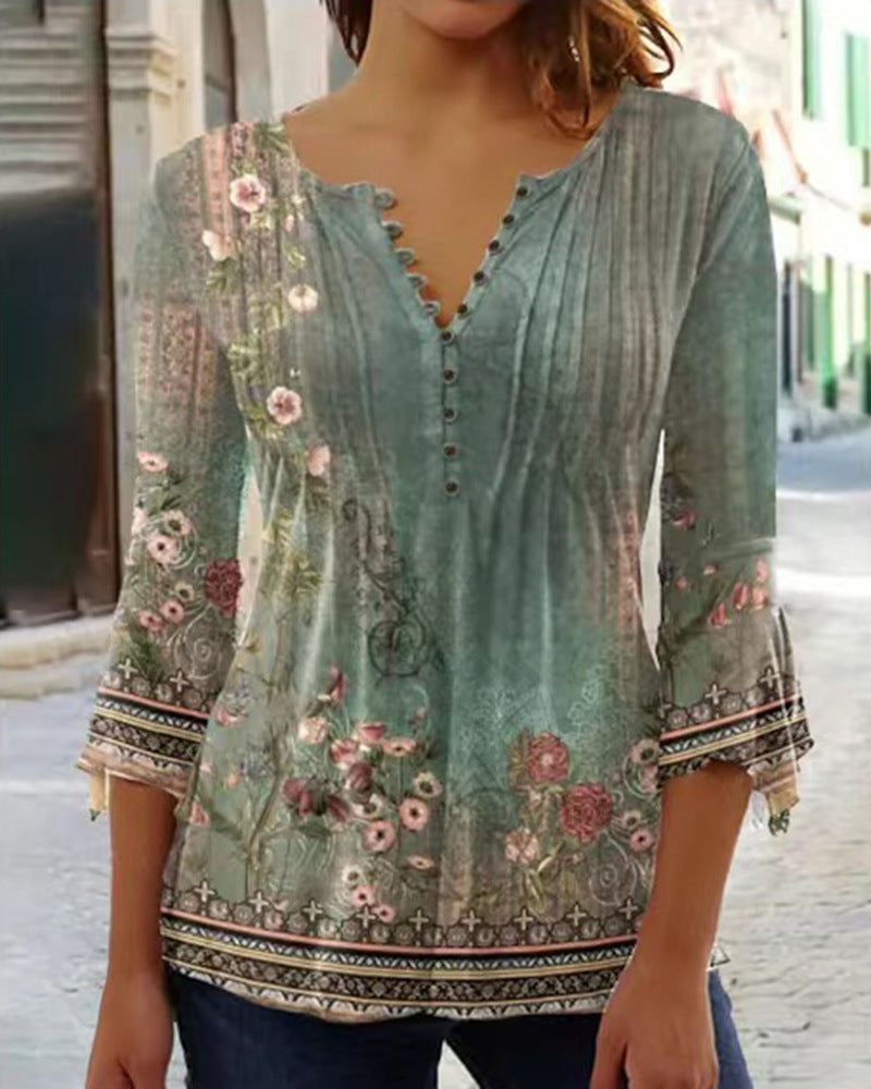 Fashionable New Women's Floral Print V-neck Three-quarters Sleeve Pleated Button T-shirt Base Shirt