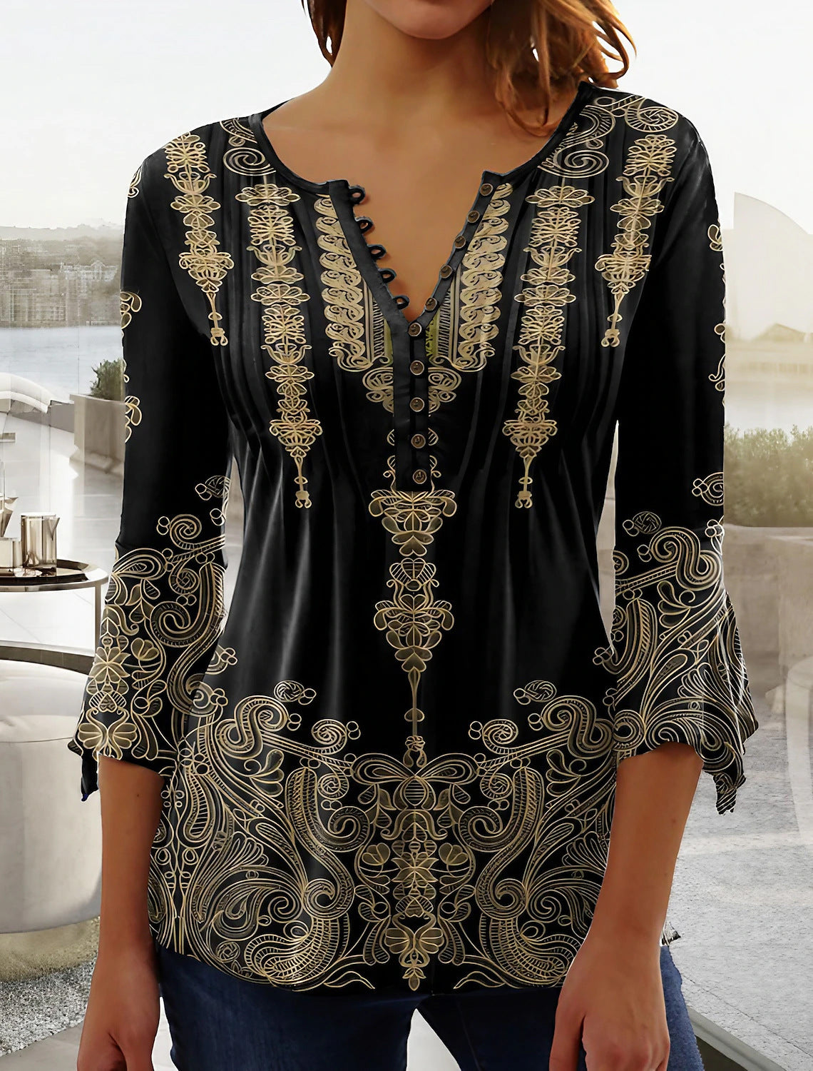 Fashionable New Women's Floral Print V-neck Three-quarters Sleeve Pleated Button T-shirt Base Shirt
