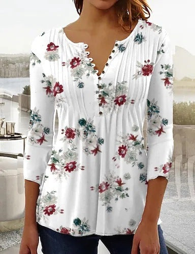 Fashionable New Women's Floral Print V-neck Three-quarters Sleeve Pleated Button T-shirt Base Shirt