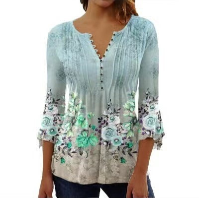 Fashionable New Women's Floral Print V-neck Three-quarters Sleeve Pleated Button T-shirt Base Shirt