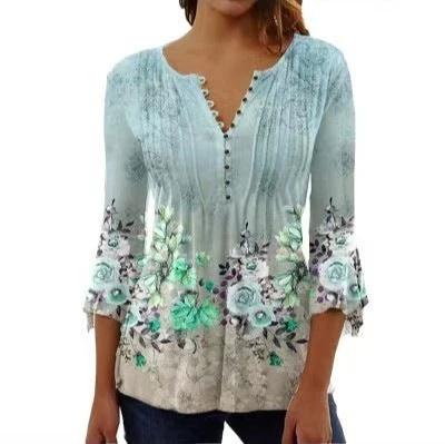 Fashionable New Women's Floral Print V-neck Three-quarters Sleeve Pleated Button T-shirt Base Shirt by AuroreWear