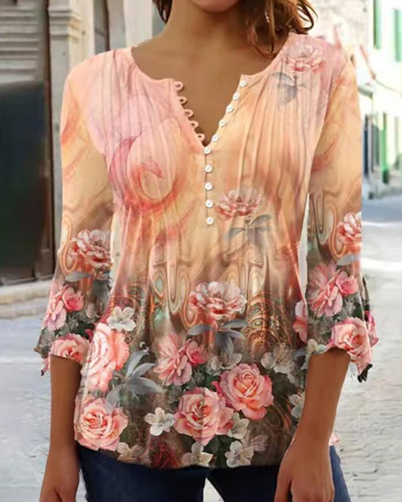 Fashionable New Women's Floral Print V-neck Three-quarters Sleeve Pleated Button T-shirt Base Shirt