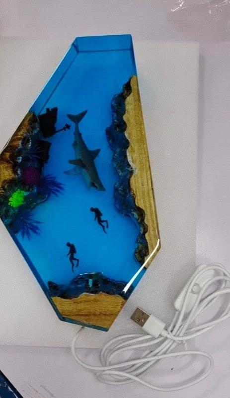 Handmade Ocean Resin Art Table Decor With Shark And Deep Sea Theme Wooden Resin Showpiece by AuroreWear