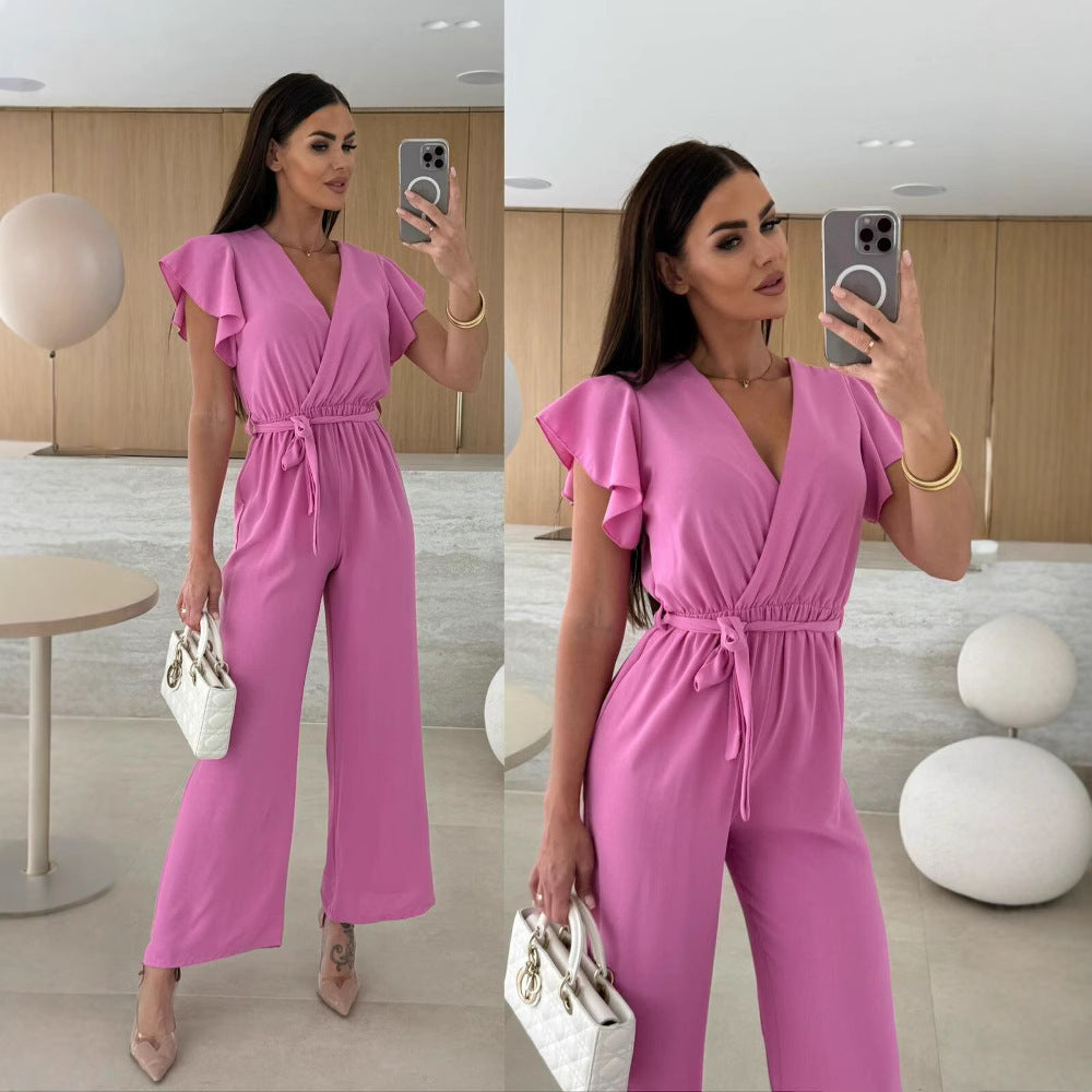 V-neck Lace-up Nipped Waist Trousers Jumpsuit