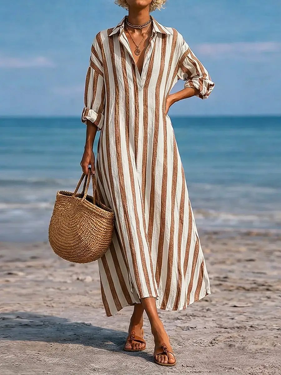 SpringSummer New Striped Lapel-Pocket Dress by AuroreWear