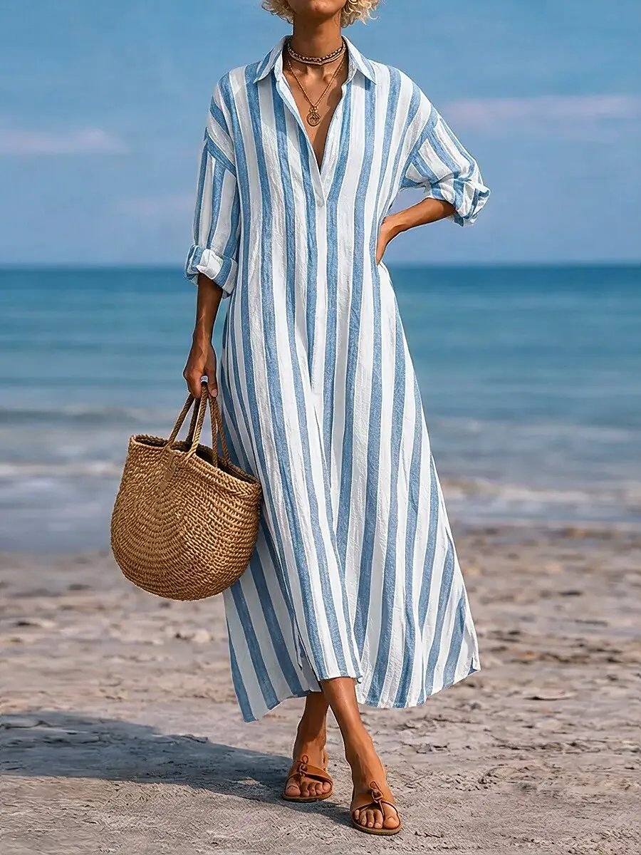 SpringSummer New Striped Lapel-Pocket Dress by AuroreWear