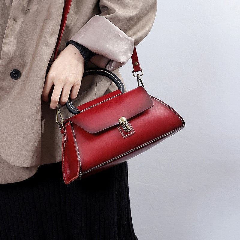 Women's cream leather handbag, elegant minimalist fashion bag