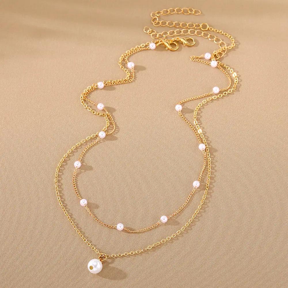 Fashion Jewelry Women's Pearl Tassel Pendant Double-layer Necklace Gold Pearl Necklace For Women by AuroreWear