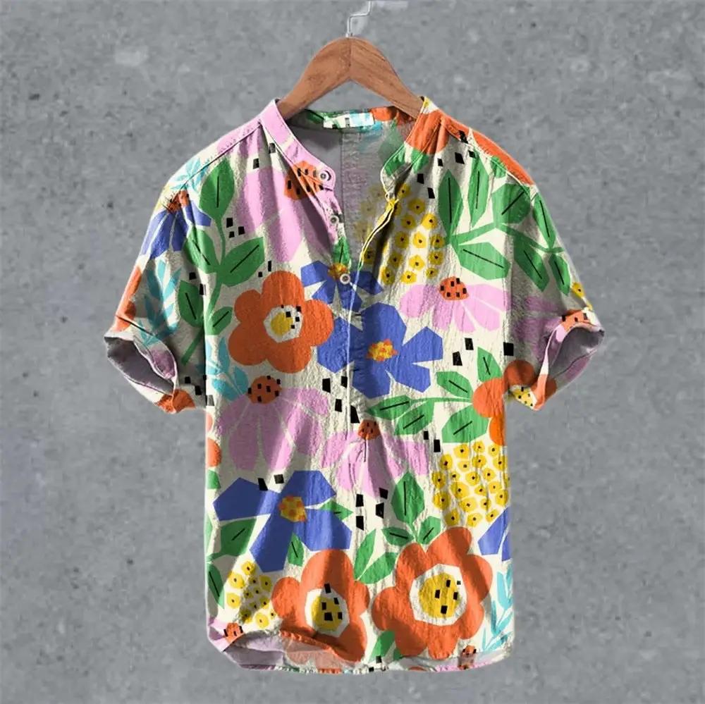Men's Casual Linen Semi-Open Short-Sleeve by AuroreWear