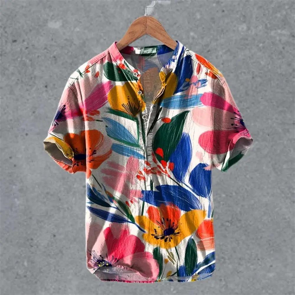 Men's Casual Linen Semi-Open Short-Sleeve by AuroreWear