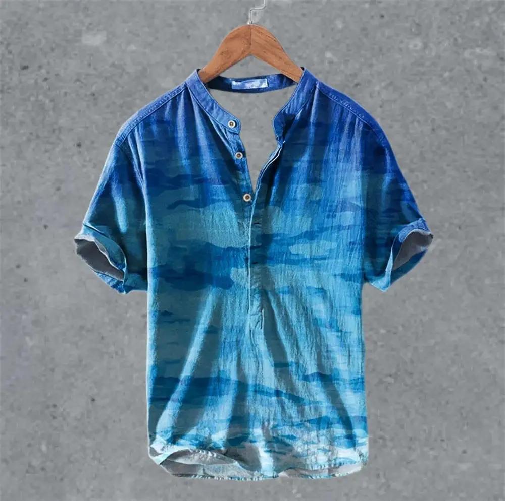 Men's Casual Linen Semi-Open Short-Sleeve by AuroreWear