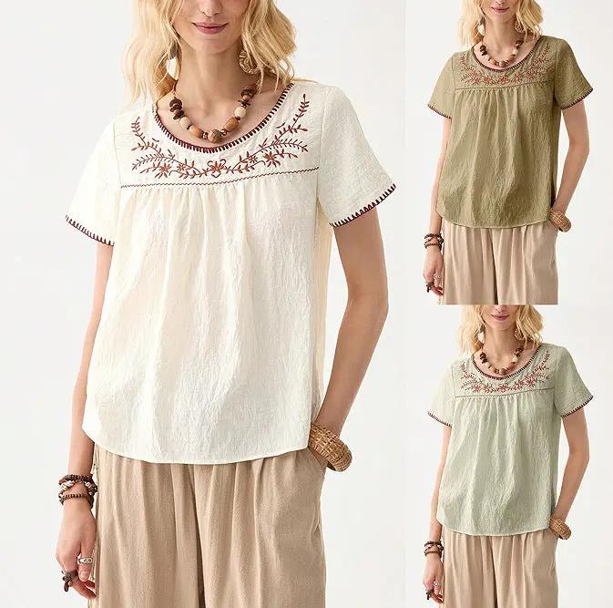 Summer Womens Clothing Crew-neck Embroidered Short Sleeves by AuroreWear