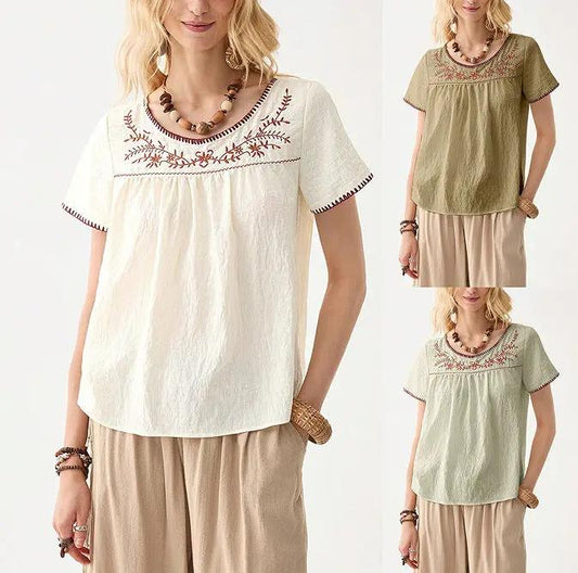 Summer Womens Clothing Crew-neck Embroidered Short Sleeves by AuroreWear