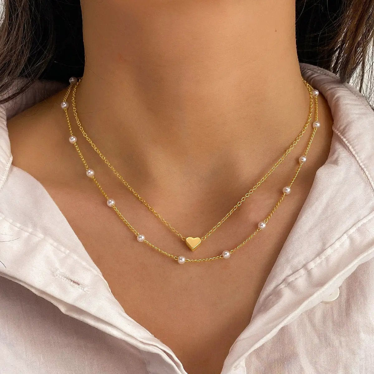Fashion Jewelry Women's Pearl Tassel Pendant Double-layer Necklace Gold Pearl Necklace For Women by AuroreWear