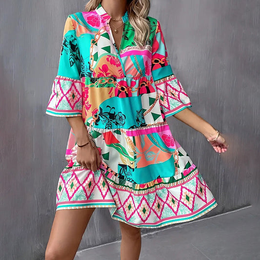 Womens Mini Dress Casual V-Neck Printed Flared Sleeve Pleated Short Beach Dresses