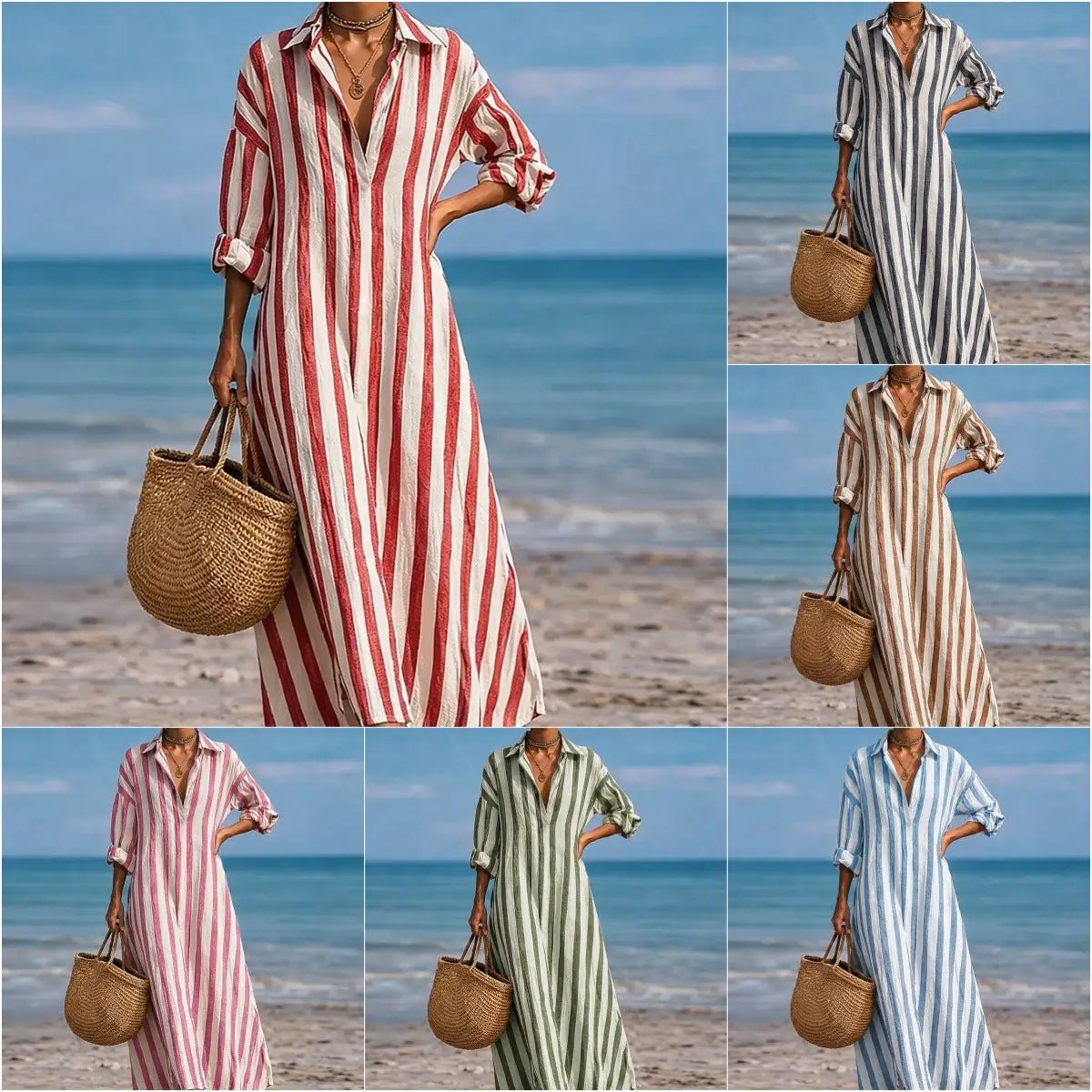 SpringSummer New Striped Lapel-Pocket Dress by AuroreWear