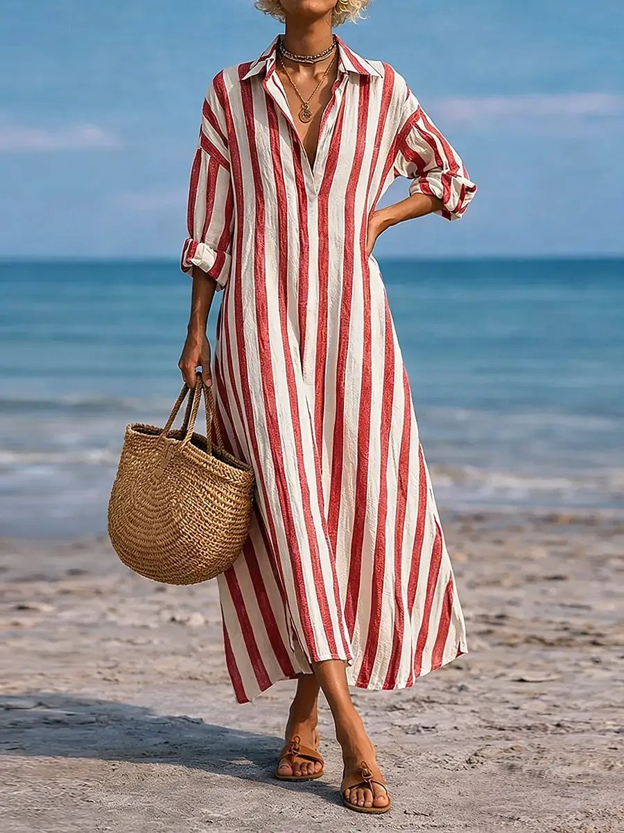 SpringSummer New Striped Lapel-Pocket Dress by AuroreWear