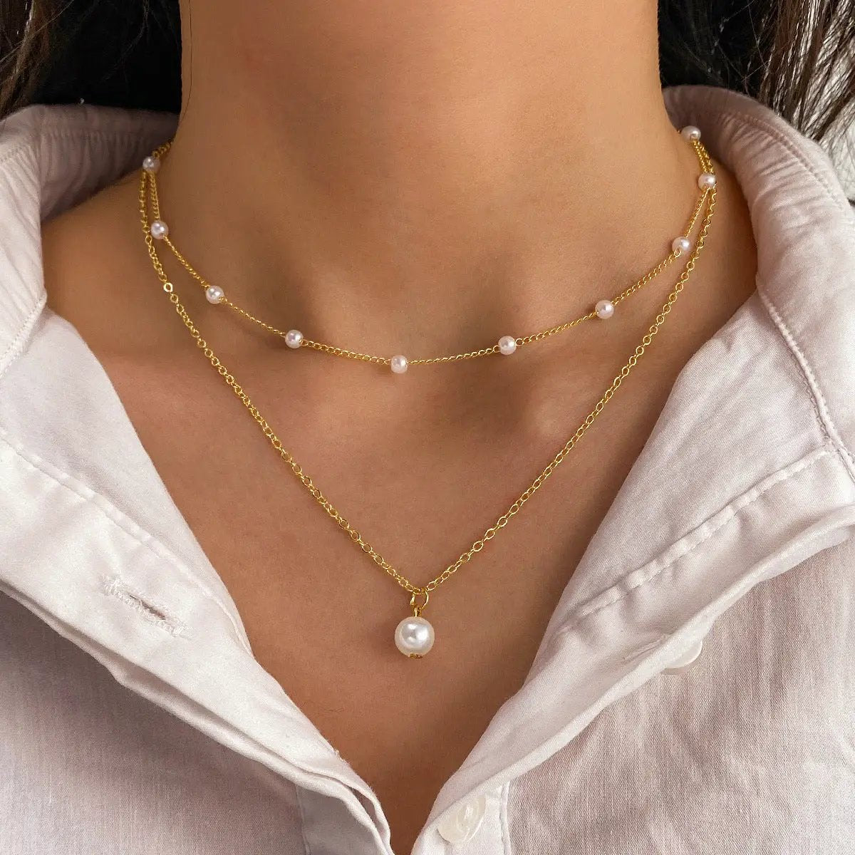 Fashion Jewelry Women's Pearl Tassel Pendant Double-layer Necklace Gold Pearl Necklace For Women by AuroreWear