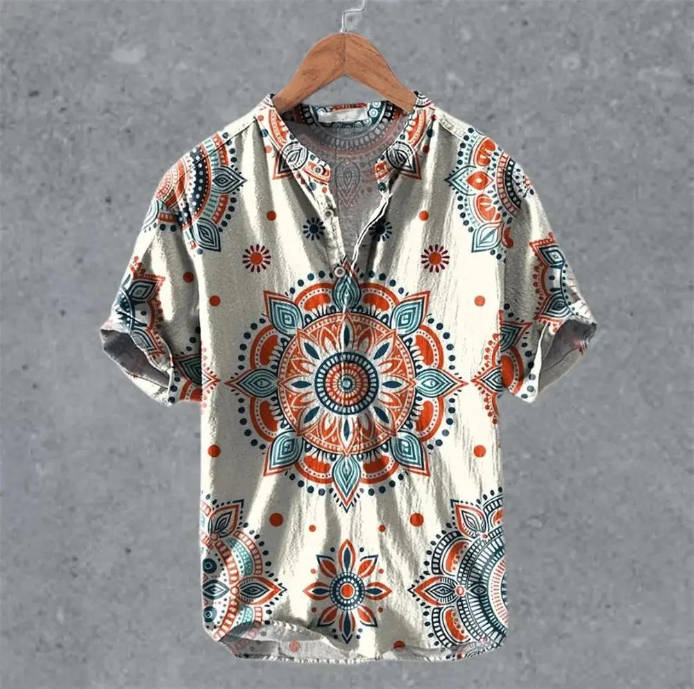 Men's Casual Linen Semi-Open Short-Sleeve by AuroreWear