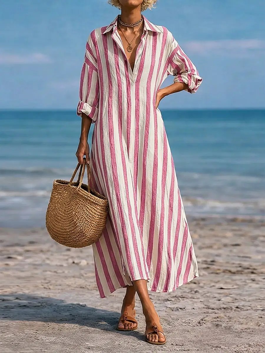 SpringSummer New Striped Lapel-Pocket Dress by AuroreWear