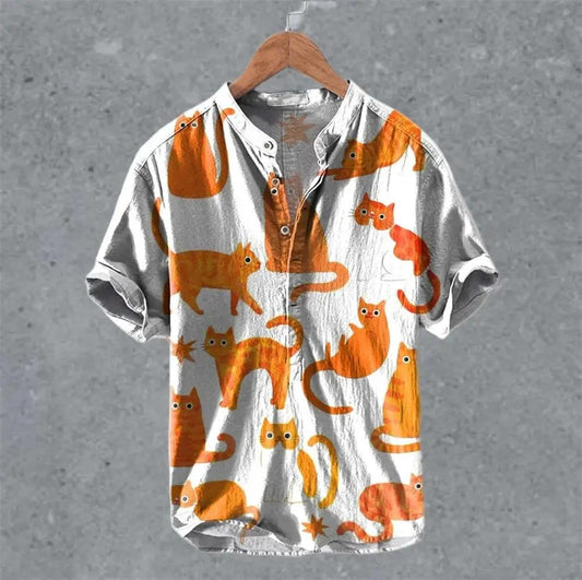 Men's Casual Linen Semi-Open Short-Sleeve by AuroreWear