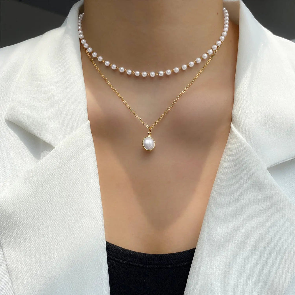 Fashion Jewelry Women's Pearl Tassel Pendant Double-layer Necklace Gold Pearl Necklace For Women by AuroreWear