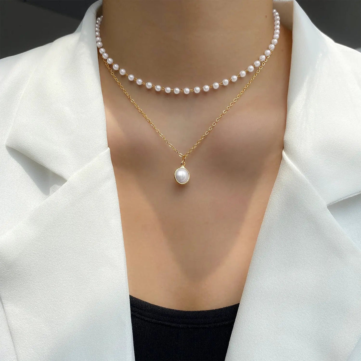 Fashion Jewelry Women's Pearl Tassel Pendant Double-layer Necklace Gold Pearl Necklace For Women by AuroreWear
