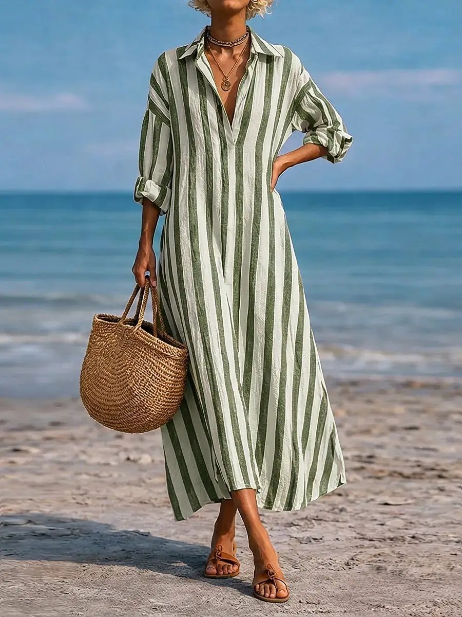 SpringSummer New Striped Lapel-Pocket Dress by AuroreWear