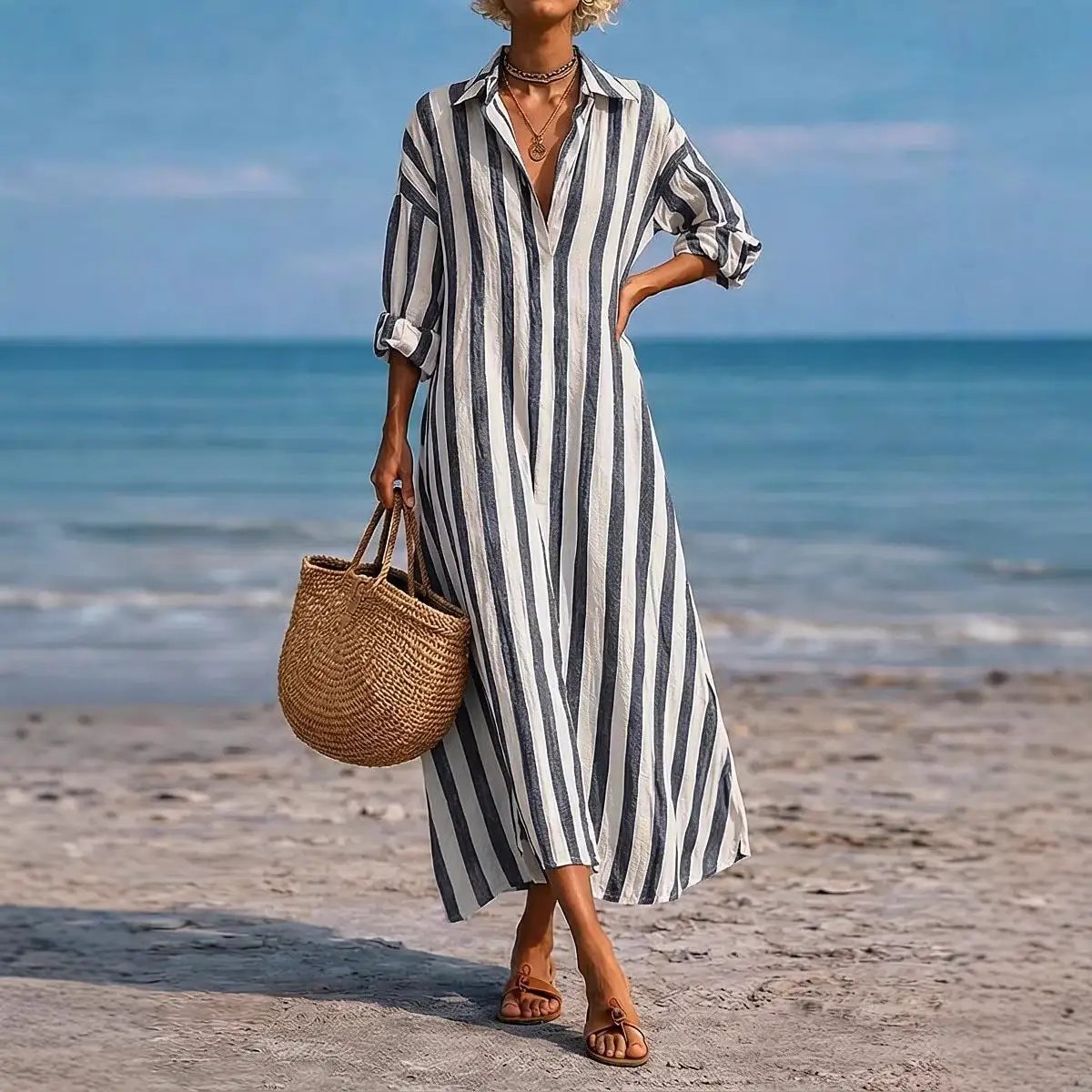 SpringSummer New Striped Lapel-Pocket Dress by AuroreWear