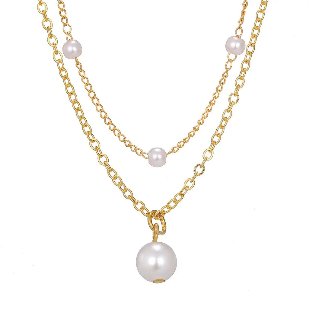Fashion Jewelry Women's Pearl Tassel Pendant Double-layer Necklace Gold Pearl Necklace For Women by AuroreWear